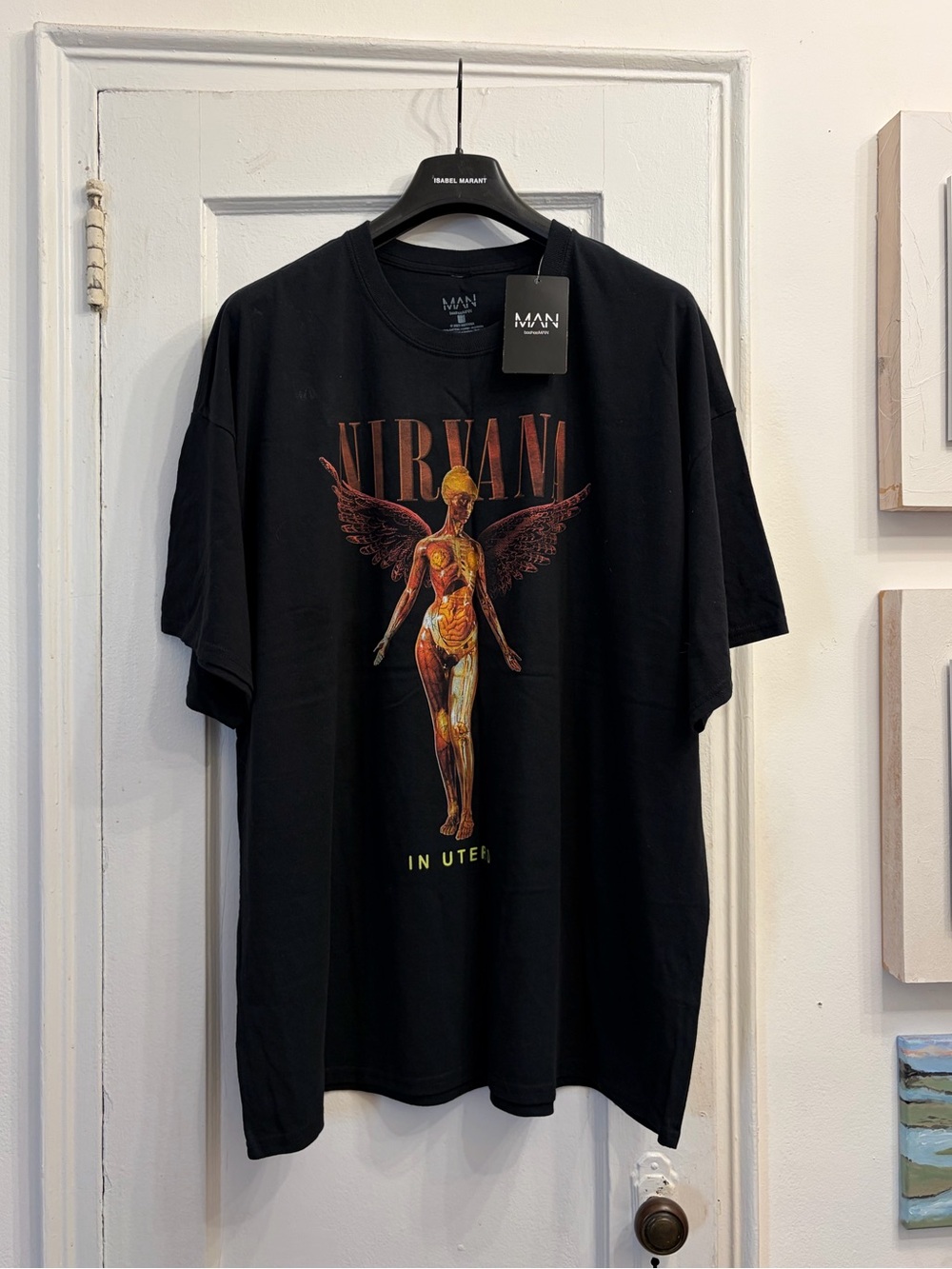 Boohoo Mens Nirvana In Utero Black Graphic Tee with Orange Artwork
